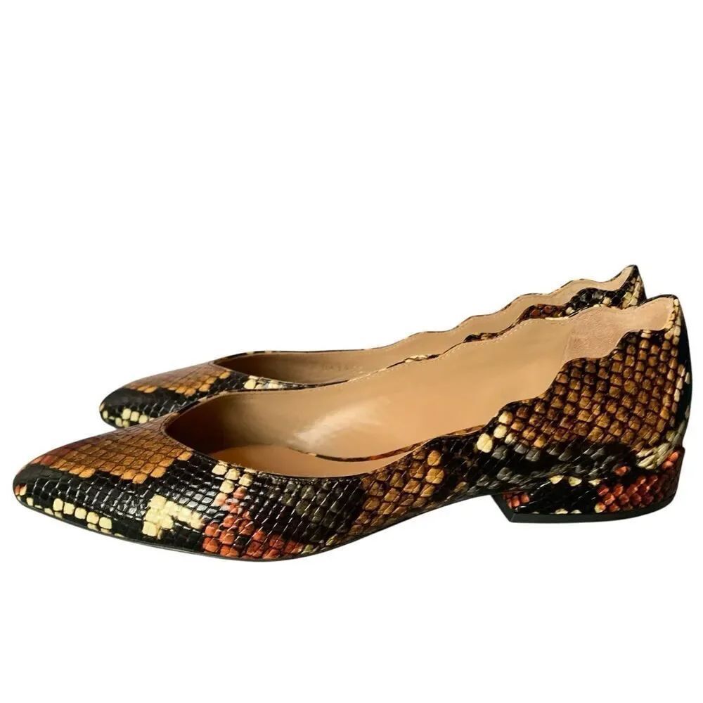 Chloe Laurena Snake Skin Leather brown black Scalloped Flat Shoes sz 37.5
